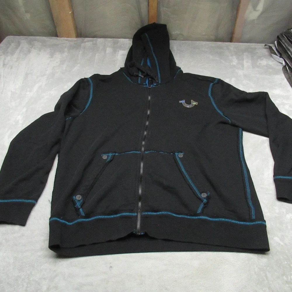 True Religion Sweatshirt Mens XL Black Full Zip Hoodie Fleece‎ Lined Graphic